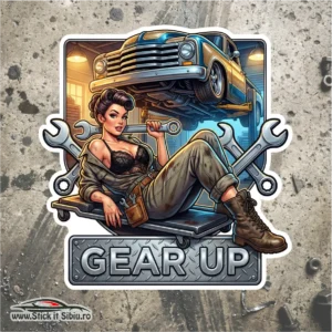 Sticker Garaj Gear Up – Classic Truck | Rezistent Apă | Printat + Laminat + decupat pe contur